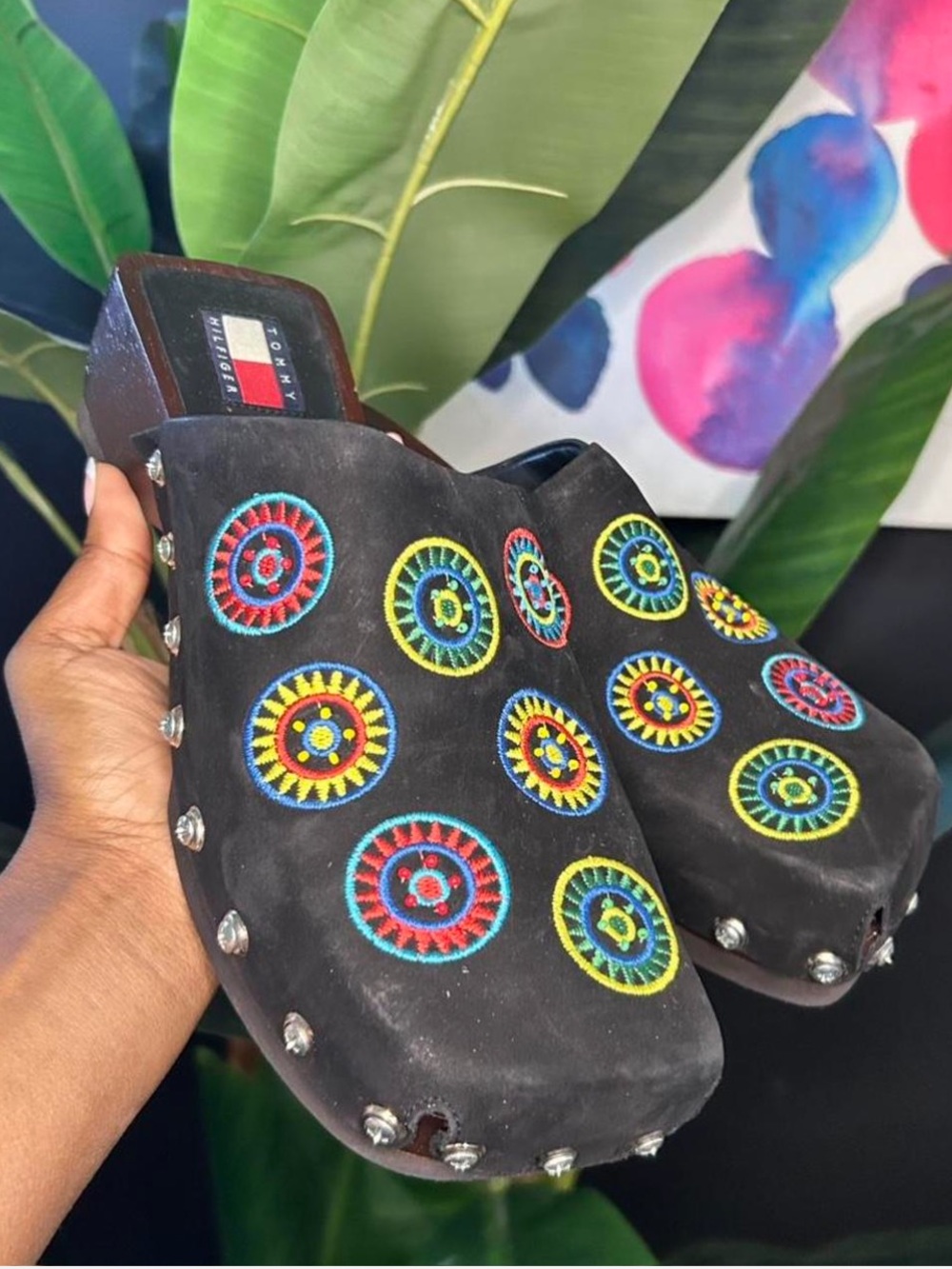 Rare Vintage Tommy Hilfiger Black Suede Clog Mules with Multicolor